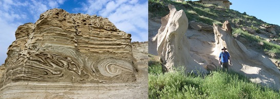 ▲지진에 의한 액상화로 변형이 발생한 지진암(좌)과 규모가 수 미터의 거대 지진암(우).