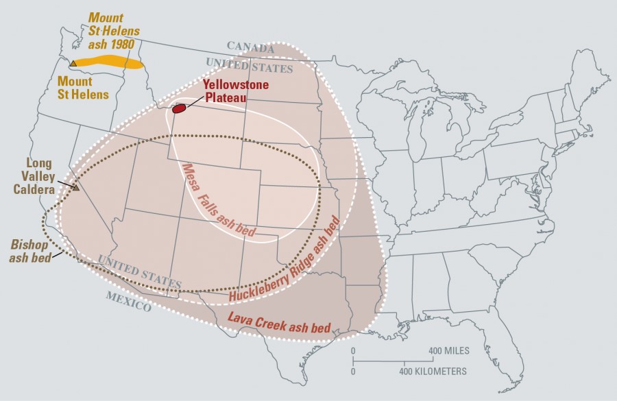 ▲1980년에 분화한 세인트 헬렌스 화산(노란색)과 과거 옐로우스톤(핑크색)의 화산재 분출 규모.