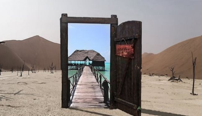 door jesus open desert oasis beach sand