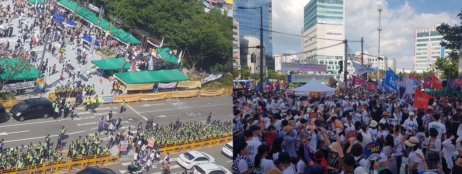 ▲과거 인천퀴어축제(왼쪽)와 그 반대 집회(오른쪽). ⓒ대구경북CE협의회 제공