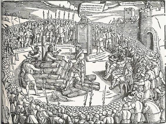 ▲메리 여왕의 박해로 옥스퍼드의 순교자들, 리들리와 라티머. 오른쪽 위는 감옥에 갇혀 있던 크랜머, 2년 후에 순교함.