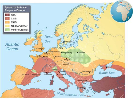 ▲흑사병은 터키에 들어왔다가, 유럽 대륙으로 확산된 것으로 추정함.
