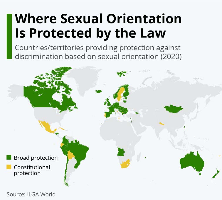 ▲2020년 기준 성적지향을 법적으로 보호하는 국가들을 표시한 세계 지도. OECD 회원국들만이 아닌 전 세계 기준이며, 인권위 설명과 달리 미국과 터키 등은 제외돼 있다. ⓒstatista.com