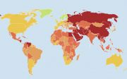 국경없는기자회(RSF)가 발표한 2022년 세계 언론의 자유 지수. 녹색은 양호, 노란색은 만족, 옅은 주황색은 문제, 붉은색은 심각, 짙은 붉은색은 아주 심각으로 표시했다.  
