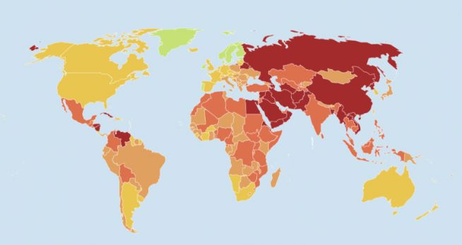 국경없는기자회(RSF)가 발표한 2022년 세계 언론의 자유 지수. 녹색은 양호, 노란색은 만족, 옅은 주황색은 문제, 붉은색은 심각, 짙은 붉은색은 아주 심각으로 표시했다.  