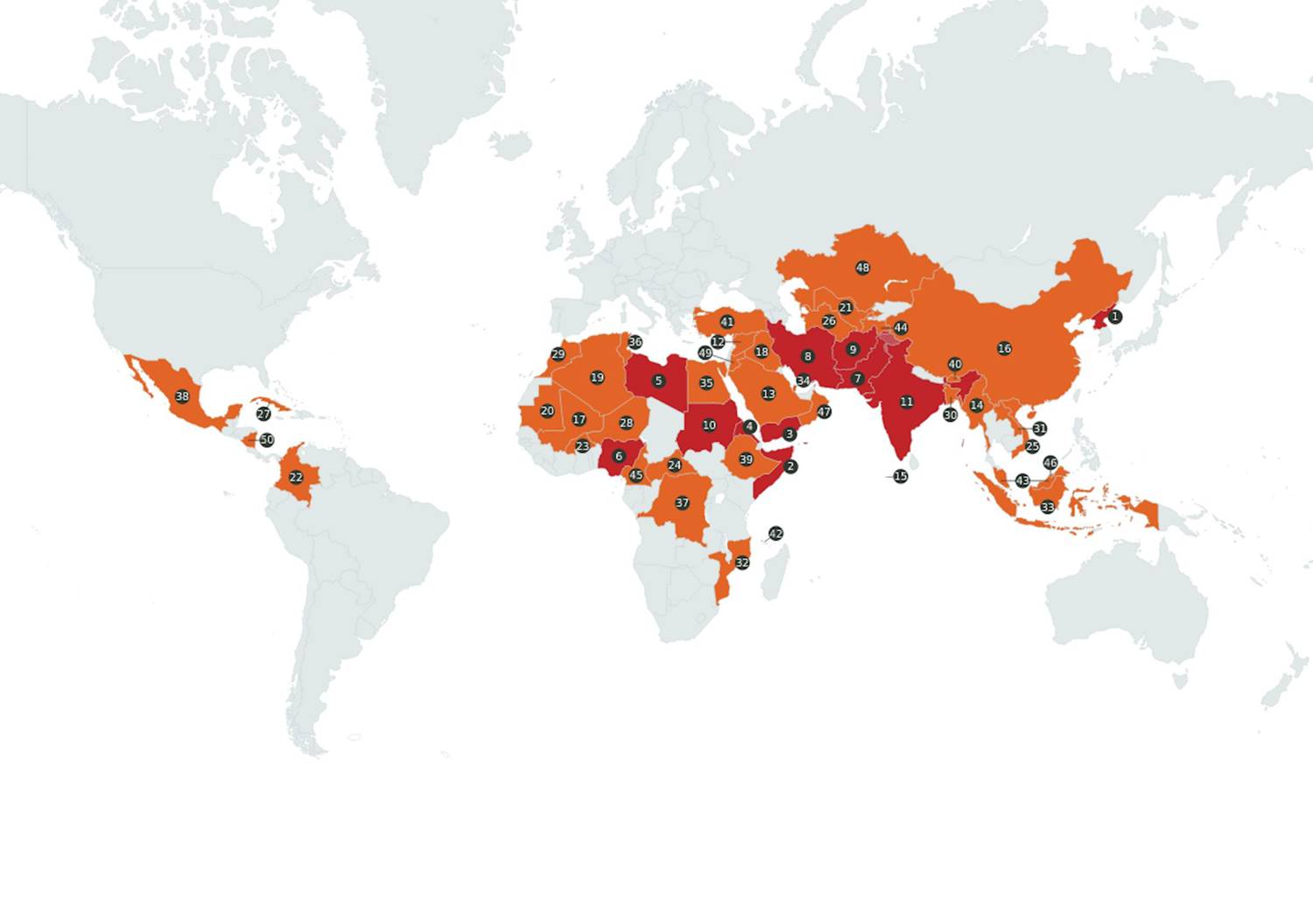 ▲세계박해지수 지도. 1위를 기록하고 있는 북한. ⓒ한국오픈도어선교회