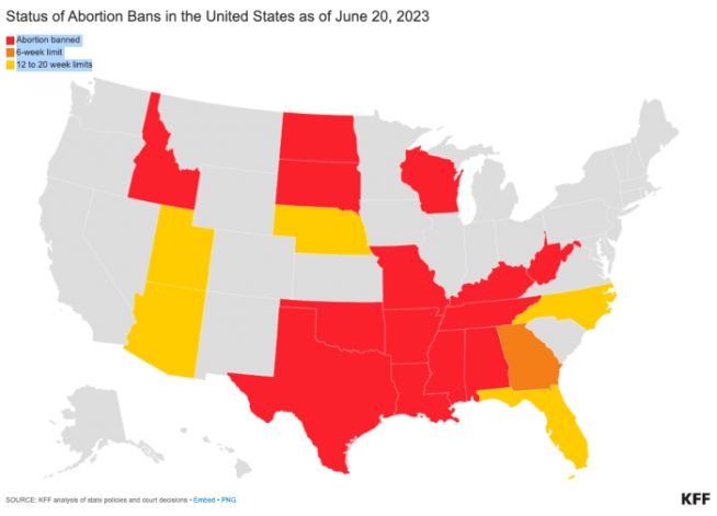 지도 상에서 빨간색은 낙태 전면 금지, 주황색은 임신 6주 이후, 노란색은 임신 12주에서 20주 이후의 낙태를 금지한 주를 나타낸다.  