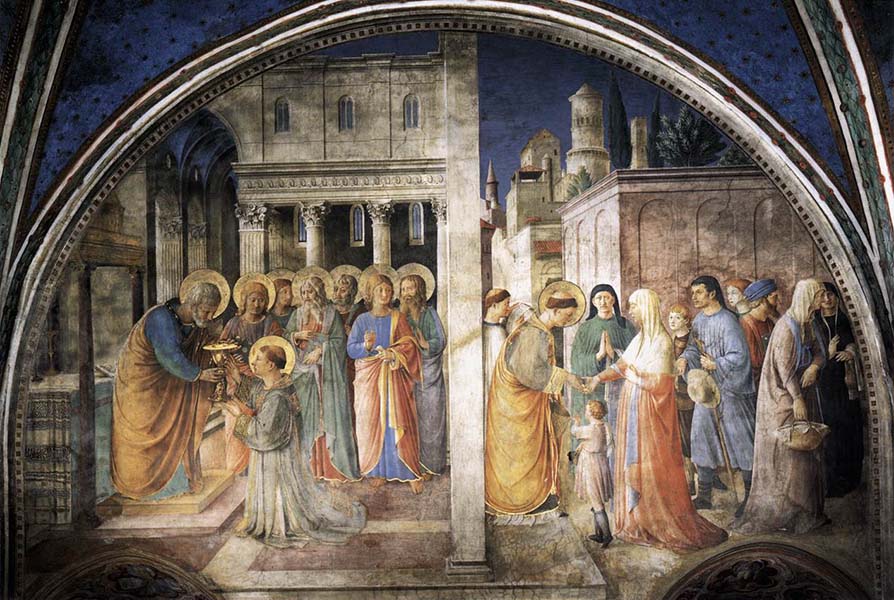 ▲15세기 이탈리아 화가 프라 안젤리코(Fra Angelico, 1390?-1455)가 니콜린 성당 서쪽 벽의 루넷에 그린 프레스코화(Lunette of the west wall in Niccoline Chapel) 부분. 사도행전 6장 내용을 그리고 있다. ⓒ위키