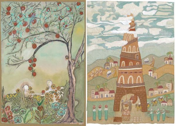 ▲아키바 토르 대사의 아내 나오미 토르가 그린 삽화. 왼쪽부터 선악을 알게 하는 나무, 바벨탑. ⓒ나오미 토르