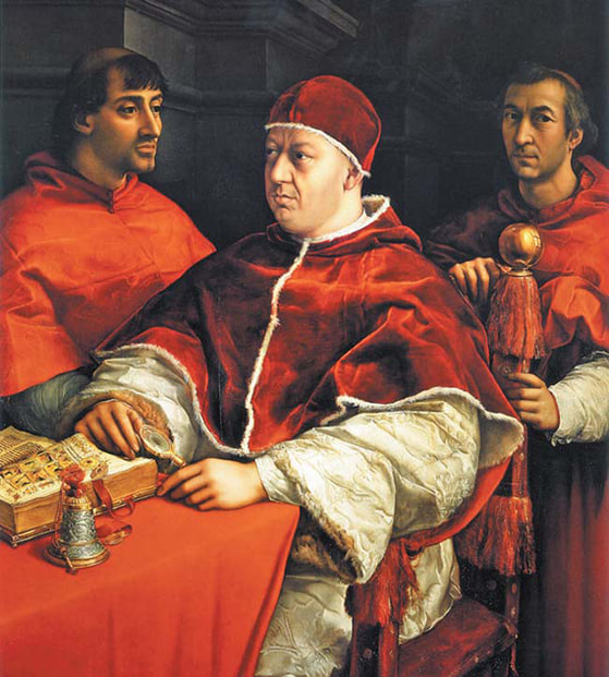 ▲라파엘이 그린 교황 레오 10세. 왼쪽은 조카이자 훗날의 클레멘스 7세 교황.